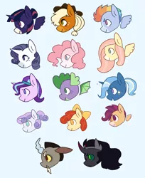 Size: 1280x1566 | Tagged: safe, artist:horsepowerred, derpibooru import, apple bloom, applejack, discord, fluttershy, king sombra, pinkie pie, rainbow dash, rarity, scootaloo, spike, starlight glimmer, sweetie belle, trixie, twilight sparkle, draconequus, dragon, earth pony, pegasus, pony, unicorn, adorabloom, alternate color palette, alternate hairstyle, beauty mark, bust, chibi, coat markings, cute, cutealoo, cutie mark crusaders, dashabetes, diapinkes, diasweetes, diatrixes, discute, female, filly, floating wings, glimmerbetes, hairband, jackabetes, male, mane seven, mane six, mare, open mouth, ponytail, profile, raribetes, redesign, shyabetes, simple background, smiling, sombradorable, spikabetes, stallion, sticker, sticker set, twiabetes, winged spike, wings