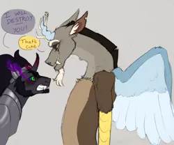 Size: 1280x1067 | Tagged: safe, artist:horsepowerred, derpibooru import, discord, king sombra, draconequus, pony, armor, dialogue, floppy ears, gay, gray background, grin, gritted teeth, jewelry, male, one sided shipping, regalia, shipping, simple background, smiling, sombra eyes, sombracord, speech bubble, spread wings, stallion, torn ear, wings