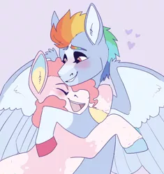 Size: 500x532 | Tagged: safe, artist:horsepowerred, derpibooru import, pinkie pie, rainbow dash, earth pony, pegasus, pony, alternate design, alternate hairstyle, blushing, coat markings, colored ears, colored hooves, eyes closed, female, heart, hug, image, lesbian, mare, open mouth, piebald coloring, pinkiedash, png, redesign, request, shipping, sidemouth, simple background, smiling, socks (coat marking), spread wings, twitterina design, wings