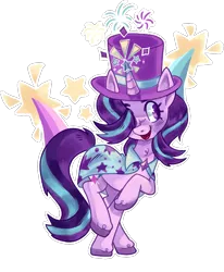 Size: 852x1032 | Tagged: safe, artist:trinoids, derpibooru import, starlight glimmer, pony, unicorn, assistant, blushing, cape, clothes, cute, dynamic pose, female, fireworks, gem, glimmerbetes, happy, hat, hoof in air, legs in air, legs raised, looking sideways, magic, magician, magician outfit, mare, open mouth, purple coat, purple eyes, simple background, smiling, solo, starry eyes, stars, striped mane, top hat, transparent background, wingding eyes