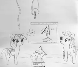 Size: 1681x1440 | Tagged: safe, artist:tjpones, derpibooru import, spike, starlight glimmer, twilight sparkle, twilight sparkle (alicorn), alicorn, dragon, chalk, chalkboard, glowing horn, horn, levitation, lineart, magic, monochrome, pulley, science, spike is not amused, telekinesis, traditional art, unamused, winged spike