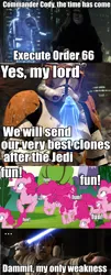 Size: 960x2385 | Tagged: caption, commander cody, derpibooru import, emperor palpatine, female, fun, image macro, lightsaber, mare, meme, obi wan kenobi, order 66, pinkie pie, prequel meme, safe, star wars, text, weapon