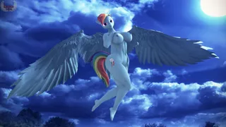 Size: 3840x2160 | Tagged: 3d, anthro, artist:loveslove, belly button, big breasts, breasts, busty rainbow dash, cloud, derpibooru import, feet, female, flying, full moon, large wings, looking at you, moon, nipples, nudity, plantigrade anthro, questionable, rainbow dash, solo, solo female, source filmmaker, wings