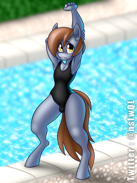 Size: 1080x1440 | Tagged: anthro, armpits, artist:nsfwquynzel, clothes, crotch bulge, derpibooru import, femboy, male, oc, oc:furiboy, one-piece swimsuit, questionable, solo, swimming pool, swimsuit, unguligrade anthro, unofficial characters only