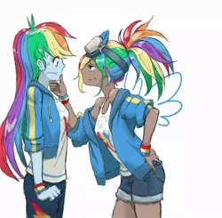 Size: 1000x978 | Tagged: safe, artist:puri__kyua, derpibooru import, kotobukiya, rainbow dash, human, equestria girls, equestria girls series, clothes, dark skin, female, human coloration, humanized, jacket, kotobukiya rainbow dash, self paradox, shorts, tanktop