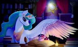 Size: 5300x3200 | Tagged: safe, artist:isorrayi, derpibooru import, princess celestia, twilight sparkle, alicorn, pony, unicorn, book, bookshelf, candle, colored wings, curved horn, cute, cutelestia, female, filly, filly twilight sparkle, horn, inkwell, momlestia, multicolored wings, quill, sleeping, spread wings, wings, younger