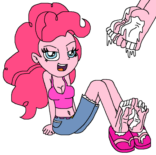 Size: 862x860 | Tagged: explicit, artist:logan jones, derpibooru import, pinkie pie, equestria girls, 1000 hours in ms paint, barefoot, bedroom eyes, breasts, busty pinkie pie, clothes, colored, cum, cum on feet, dripping, dripping cum, feet, female, fetish, flat colors, flip-flops, foot fetish, implied footjob, implied logan berry, open mouth, pinkie slut, sexy, shorts, sitting, slut, soft color, soles, solo, tanktop, toes