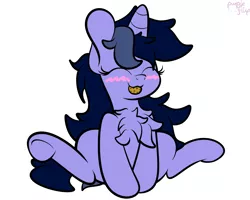 Size: 2500x2000 | Tagged: safe, artist:kimjoman, derpibooru import, oc, oc:purple flix, unofficial characters only, pony, unicorn, blushing, chest fluff, cookie, cute, eyes closed, female, food, nom, rule 63, simple background, sitting, solo, spread legs, spreading, white background