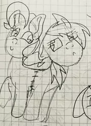 Size: 2364x3282 | Tagged: semi-grimdark, artist:rainbow eevee, derpibooru import, pinkie pie, rainbow dash, pony, drawing, female, graph paper, lineart, smiling, stitched together, traditional art