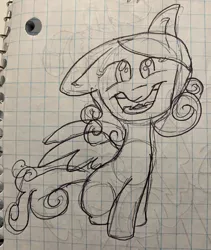 Size: 2687x3184 | Tagged: safe, artist:rainbow eevee, derpibooru import, oc, unnamed oc, pony, behaving like a dog, drawing, graph paper, lineart, smiling, solo, traditional art