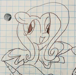 Size: 2325x2294 | Tagged: safe, artist:rainbow eevee, derpibooru import, fluttershy, pony, derp, drawing, graph paper, lineart, smiling, solo, traditional art, wat