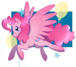 Size: 1280x1144 | Tagged: safe, artist:dippin-dott, derpibooru import, pinkie pie, alicorn, pony, abstract background, alicornified, balloon, cute, female, flying, looking at you, mare, pink coat, pink mane, pinkiecorn, race swap, solo, spread wings, stars, tongue out, wings, xk-class end-of-the-world scenario
