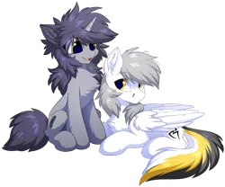 Size: 1200x999 | Tagged: safe, artist:hioshiru, derpibooru import, oc, oc:kate, oc:kej, unofficial characters only, pegasus, pony, unicorn, cheek fluff, chest fluff, ear fluff, female, fluffy, folded wings, horn, k+k, male, mare, oc x oc, open mouth, shipping, simple background, sitting, smiling, stallion, straight, transparent background, wings