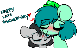 Size: 800x500 | Tagged: safe, artist:s-ansy, derpibooru import, oc, oc:pouncer, oc:sleepy goodnight, unofficial characters only, earth pony, pony, animated, blushing, eyes closed, female, frame by frame, gif, hat, heart, male, mare, shipping, simple background, squigglevision, stallion, transparent background
