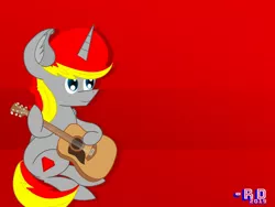 Size: 2048x1536 | Tagged: safe, artist:rubydeluxe, derpibooru import, oc, oc:rd, unofficial characters only, alicorn, pony, alicorn oc, ear fluff, guitar, horn, looking up, musical instrument, neck fluff, signature, simple background, sitting, smiling, solo, wings