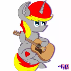 Size: 1483x1482 | Tagged: safe, alternate version, artist:rubydeluxe, derpibooru import, oc, oc:rd, unofficial characters only, alicorn, pony, alicorn oc, ear fluff, guitar, horn, looking up, musical instrument, neck fluff, shading, signature, simple background, sitting, smiling, solo, wings