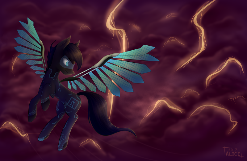 Size: 4852x3166 | Tagged: safe, artist:alicetriestodraw, derpibooru import, oc, unofficial characters only, pegasus, pony, augmentation, augmented, contest prize, cybernetic wings, flying, lightning, prosthetics, solo, thunder, wings