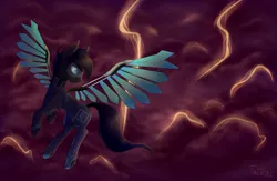 Size: 4852x3166 | Tagged: safe, artist:alicetriestodraw, derpibooru import, oc, unofficial characters only, pegasus, pony, augmentation, augmented, contest prize, cybernetic wings, flying, lightning, prosthetics, solo, thunder, wings