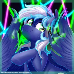 Size: 2000x2000 | Tagged: safe, artist:meowcephei, derpibooru import, oc, oc:moonlight drop, pegasus, pony, bust, commission, headphones, icon, music notes, neon, portrait, solo