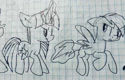 Size: 3606x2314 | Tagged: safe, artist:rainbow eevee, derpibooru import, derpy hooves, twilight sparkle, pony, angry, drawing, female, glowing horn, graph paper, horn, lineart, old art, traditional art