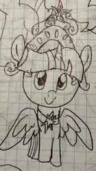 Size: 1823x3252 | Tagged: safe, artist:rainbow eevee, derpibooru import, twilight sparkle, twilight sparkle (alicorn), alicorn, pony, big crown thingy, crown, cute, drawing, element of magic, graph paper, jewelry, lineart, princess, regalia, solo, traditional art, wings