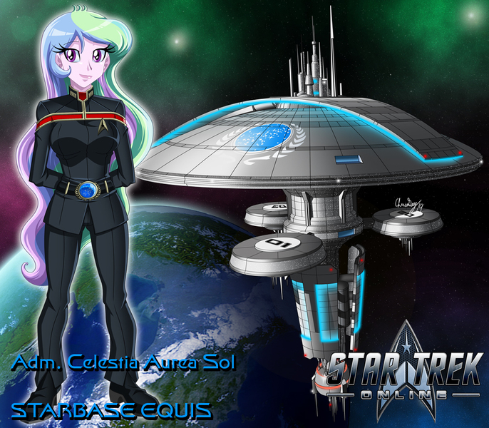 Size: 1000x875 | Tagged: safe, artist:captricosakara, derpibooru import, princess celestia, equestria girls, admiral, belt, clothes, commission, crossover, hands behind back, planet, principal celestia, science fiction, solo, space, star trek, star trek online, starbase, starfleet, uniform