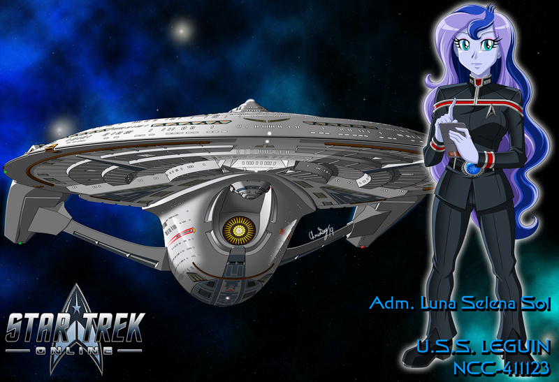 Size: 1280x875 | Tagged: safe, artist:captricosakara, derpibooru import, princess luna, equestria girls, admiral, belt, clothes, commission, crossover, science fiction, solo, sovereign class, space, spaceship, star trek, star trek online, starfleet, tablet, uniform, vice principal luna