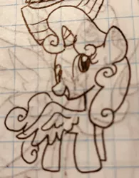 Size: 2023x2596 | Tagged: safe, artist:rainbow eevee, derpibooru import, sweetie belle, alicorn, pony, alicornified, drawing, female, graph paper, lineart, old art, race swap, smiling, solo, sweetiecorn, this will end in tears, traditional art
