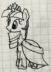 Size: 1720x2417 | Tagged: safe, artist:rainbow eevee, derpibooru import, twilight sparkle, twilight sparkle (alicorn), alicorn, pony, unicorn, clothes, crown, cute, drawing, dress, female, gala dress, graph paper, jewelry, lineart, old art, regalia, solo, traditional art, twiabetes, unicorn twilight, wingless