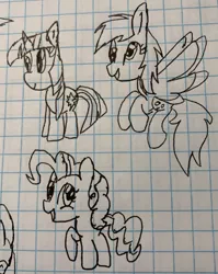 Size: 2508x3146 | Tagged: safe, artist:rainbow eevee, derpibooru import, derpy hooves, pinkie pie, twilight sparkle, pony, drawing, female, graph paper, old art, traditional art