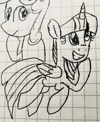 Size: 2359x2882 | Tagged: safe, artist:rainbow eevee, derpibooru import, sweetie belle, twilight sparkle, twilight sparkle (alicorn), alicorn, pony, black and white, drawing, graph paper, grayscale, missing cutie mark, monochrome, old art, traditional art, wat