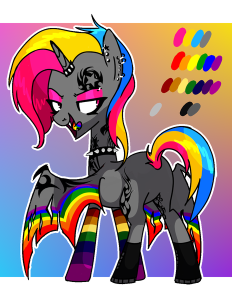 Size: 1018x1317 | Tagged: safe, artist:anyazen, derpibooru import, oc, oc:armoma rox, unofficial characters only, alicorn, demon, demon pony, original species, pony, unicorn, alicorn oc, bat wings, bedroom eyes, boots, butt, choker, clothes, ear piercing, earring, edgy, eyebrow piercing, eyeshadow, featureless crotch, female, horn, horn ring, jewelry, makeup, mare, pansexual, piercing, plot, pride, pride month, rainbow socks, reference sheet, ring, scene kid, shoes, socks, solo, spiked choker, striped socks, tattoo, tongue out, tongue piercing, wings