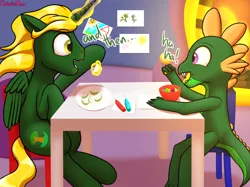 Size: 3460x2584 | Tagged: safe, artist:galacticham, derpibooru import, oc, oc:blaze the dragon, oc:prince ecosis, unofficial characters only, alicorn, dragon, pony, alicorn oc, apple slice, crayon, crayon drawing, eating, horn, magic, sitting, talking, telekinesis, traditional art, wings, young
