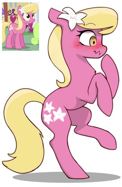 Size: 1255x1920 | Tagged: safe, artist:redruin01, derpibooru import, lily, lily valley, earth pony, pony, bipedal, blushing, chest fluff, cute, female, flower, flower in hair, lilybetes, mare, profile, simple background, solo, wavy mouth, white background