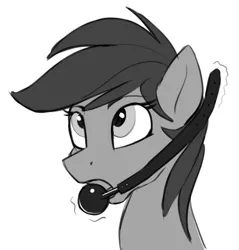 Size: 500x522 | Tagged: suggestive, artist:pony-butt-express, derpibooru import, pony, ballgag, black and white, bust, gag, grayscale, in progress, magic, monochrome, open mouth, simple background, solo, telekinesis, white background