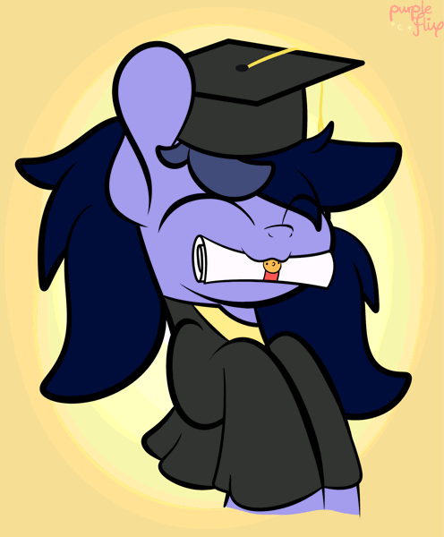 Size: 2479x3000 | Tagged: safe, artist:kimjoman, derpibooru import, oc, oc:purple flix, unofficial characters only, pony, unicorn, animated, clothes, cute, diploma, eyes closed, gradient background, graduation, graduation cap, hat, male, nom, solo, toga