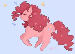 Size: 800x570 | Tagged: safe, artist:cxpreolus, artist:maykitz, derpibooru import, pinkie pie, butterfly, earth pony, pony, belly fluff, blue background, chest fluff, cute, diapinkes, eyes closed, female, flower, flower in hair, leg fluff, mare, open mouth, profile, simple background, solo