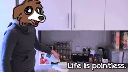 Size: 500x281 | Tagged: artist:askwinonadog, ask, ask winona, cereal, dan howell, danisnotonfire, derpibooru import, dog, edit, existential crisis, existentialism, food, human, irl, irl human, milk, photo, safe, solo, tumblr, winona