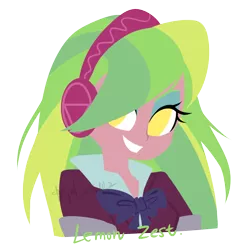 Size: 992x992 | Tagged: safe, artist:snow angel, derpibooru import, lemon zest, equestria girls, bowtie, bust, clothes, crystal prep academy uniform, empty eyes, female, headphones, no catchlights, no pupils, portrait, school uniform, simple background, solo, transparent background