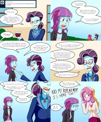 Size: 2000x2400 | Tagged: safe, artist:jake heritagu, derpibooru import, princess cadance, principal abacus cinch, sci-twi, sunny flare, sunset shimmer, twilight sparkle, oc, oc:sparkling sapphire, comic:aria's archives, equestria girls, alcohol, baby, clothes, comic, dean cadance, dialogue, female, glass, magical lesbian spawn, offspring, parent:sci-twi, parent:sunset shimmer, parents:scitwishimmer, speech bubble, sunny flare is principal cinch's daughter/relative, wine, wine glass