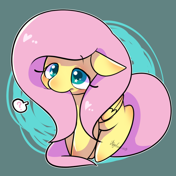 Size: 1280x1280 | Tagged: safe, artist:snow angel, derpibooru import, fluttershy, pegasus, pony, abstract background, biting, cute, floppy ears, folded wings, hair bite, heart, question mark, shyabetes, solo, speech bubble, three quarter view, wingding eyes, wings