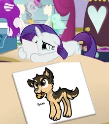 Size: 1056x1197 | Tagged: safe, artist:rainbow eevee, derpibooru import, edit, edited screencap, screencap, rarity, dog, german shepherd, pony, unicorn, forever filly, canterlot carousel, cookie, exploitable, female, food, hoof hold, mare, meme, nom, rarity's photo, solo, teary eyes