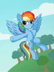 Size: 3000x4000 | Tagged: safe, artist:mercurysparkle, derpibooru import, rainbow dash, pegasus, pony, cheek fluff, chest fluff, cloud, cute, dashabetes, ear fluff, eye clipping through hair, female, flying, leg fluff, mare, smiling, solo, spread wings, wings