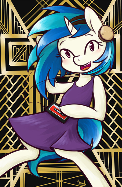 Size: 1194x1830 | Tagged: safe, artist:lilliesinthegarden, derpibooru import, vinyl scratch, pony, semi-anthro, unicorn, art deco, bipedal, blushing, cassette player, cassette tape, clothes, cute, dress, flapper, headphones, modern art, music player, open mouth, roaring 20's, solo, vinylbetes