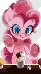 Size: 1150x2048 | Tagged: safe, artist:tohupo, derpibooru import, pinkie pie, earth pony, pony, against glass, bipedal, cupcake, cute, diapinkes, eyes on the prize, female, food, glass, licking, licking lips, mare, smiling, solo, tongue out, underhoof, window