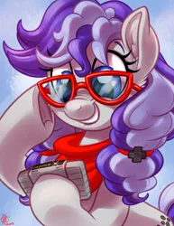 Size: 2550x3300 | Tagged: safe, artist:whitediamonds, derpibooru import, oc, oc:cinnabyte, unofficial characters only, earth pony, pony, ear fluff, female, final fantasy, final fantasy iii, game cartridge, glasses, mare, neckerchief, pigtails, smiley face, solo, super nintendo, underhoof