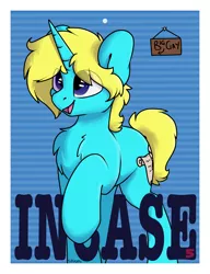 Size: 3000x3900 | Tagged: safe, artist:spoopygander, derpibooru import, oc, oc:scribble note, unofficial characters only, pony, unicorn, badge, chest fluff, cute, looking up, male, open mouth, raised hoof, sign, smiling, solo, stallion, text