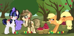 Size: 3992x1936 | Tagged: safe, artist:magicdarkart, artist:xxsakuragalaxyxx, derpibooru import, applejack, oc, oc:moonlight velvet, oc:sugary apple, alicorn, earth pony, pony, alicorn oc, apple, apple tree, applebucking, base used, blind eye, bucket, cowboy hat, female, food, hat, hatless, horn, levitation, magic, mare, missing accessory, offspring, parent:applejack, parent:caramel, parent:flash sentry, parent:twilight sparkle, parents:carajack, parents:flashlight, quill, scroll, stetson, sweet apple acres, telekinesis, tree, wings