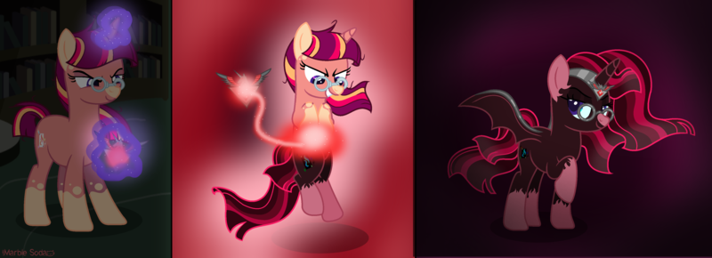 Size: 3944x1432 | Tagged: safe, artist:awoomarblesoda, derpibooru import, oc, oc:tarot spell, alicorn, pony, unicorn, alicorn amulet, base used, female, glasses, mare, offspring, parent:sunburst, parent:twilight sparkle, parents:twiburst, possessed, solo