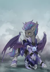 Size: 1824x2624 | Tagged: safe, artist:kez, derpibooru import, oc, oc:helios aster, unofficial characters only, bat pony, pony, armor, bat pony oc, bat wings, fog, male, solo, stallion, wings